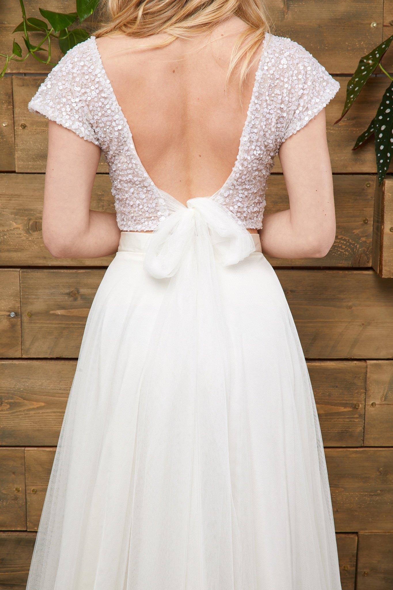 Sequinned low plunge bridal top with open tulle tie back